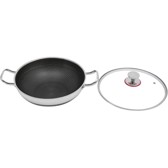 Hybrid Nonstick Frying Pan 12 Inch, 316 Stainless Steel with Glass Lid & Two Handles, Oven & Dishwasher Safe, Multi-Functional Skillet for Saut/Roast/Paella, Silver