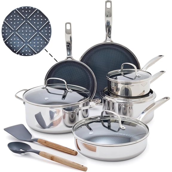 Hybrid Nonstick Stainless Steel 12 Piece Cookware Set, Tri-Ply PFAS-Free Ceramic Diamond Bond Pots & Pans, Dishwasher & Oven Safe to 850F, Induction Ready, Metal Utensil Safe, Silver