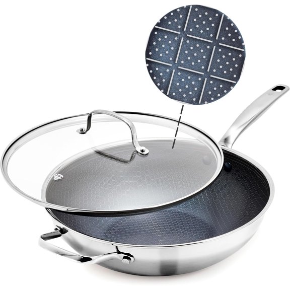 Hybrid Nonstick Stainless Steel 12 Wok with Lid, PFAS-Free Ceramic Diamond Bond Stir-Fry Pan, Induction Ready, Dishwasher & Oven Safe, Metal Utensil Safe, Stay-Cool Handle, Silver