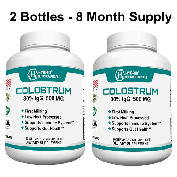 Hybrid Nutraceuticals Bovine Colostrum Supplement 500mg - 30% IgG Lactoferrin Supplements, Immunoglobulin, Immune Support, Bone, Muscle & Gut Health (2-Pack)