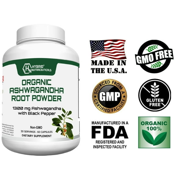 Hybrid Nutraceuticals Organic Ashwagandha Supplement 1300mg with Black Pepper - Anxiety & Stress Relief, Enhance Mood - 60 Capsules