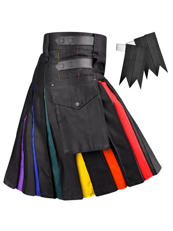 Hybrid Rainbow Pride Utility Kilt Modern Style Scottish Kilt for Parades and Everyday Wear.(US, Numeric, 30, 32, Regular, Regular, Rainbow Kilt)
