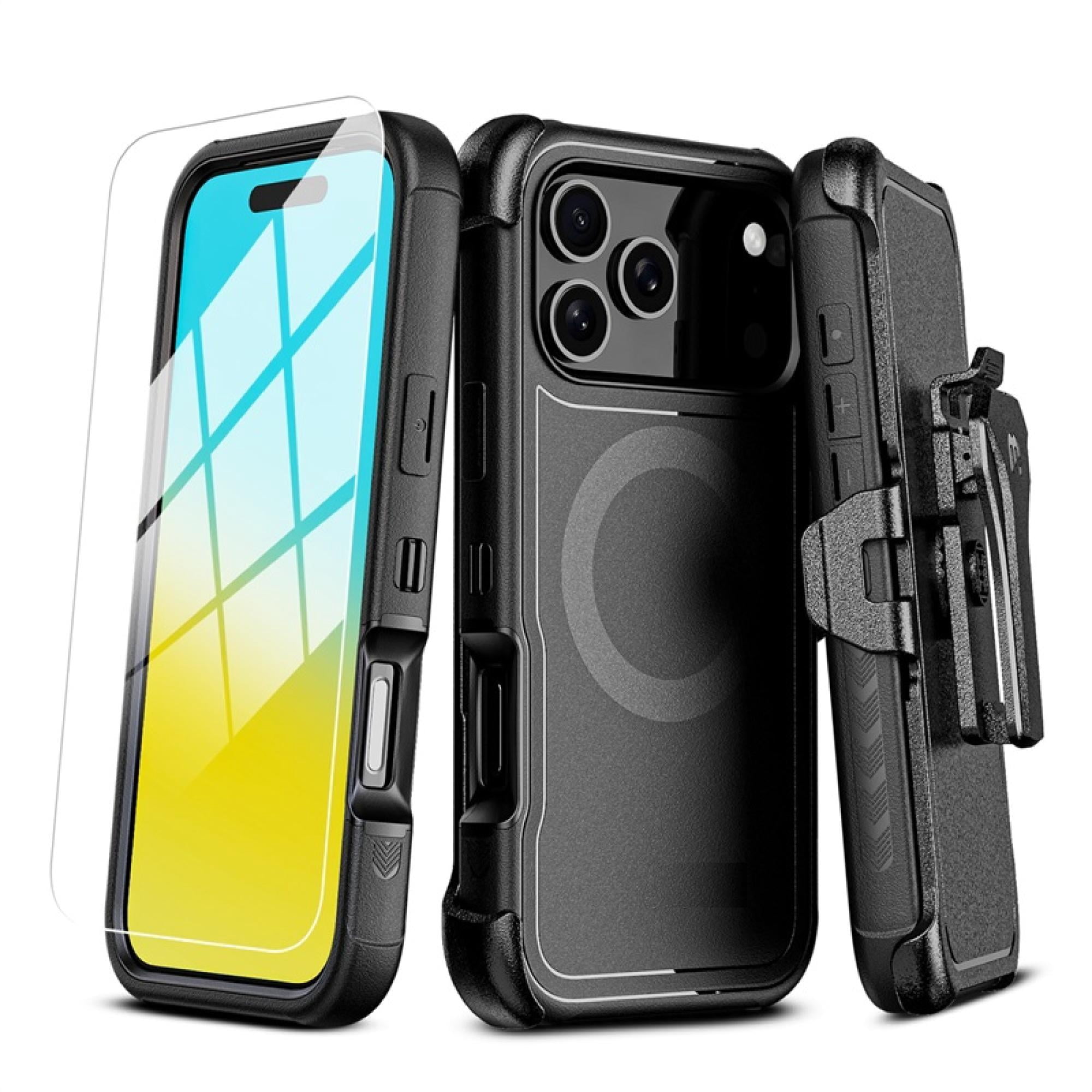 Hybrid Rugged Case with Detachable Belt Clip Holster and Tempered Glass Screen Protector, Magnetic Charging-Compatible, Black, Compatible with iPhone 15 Pro