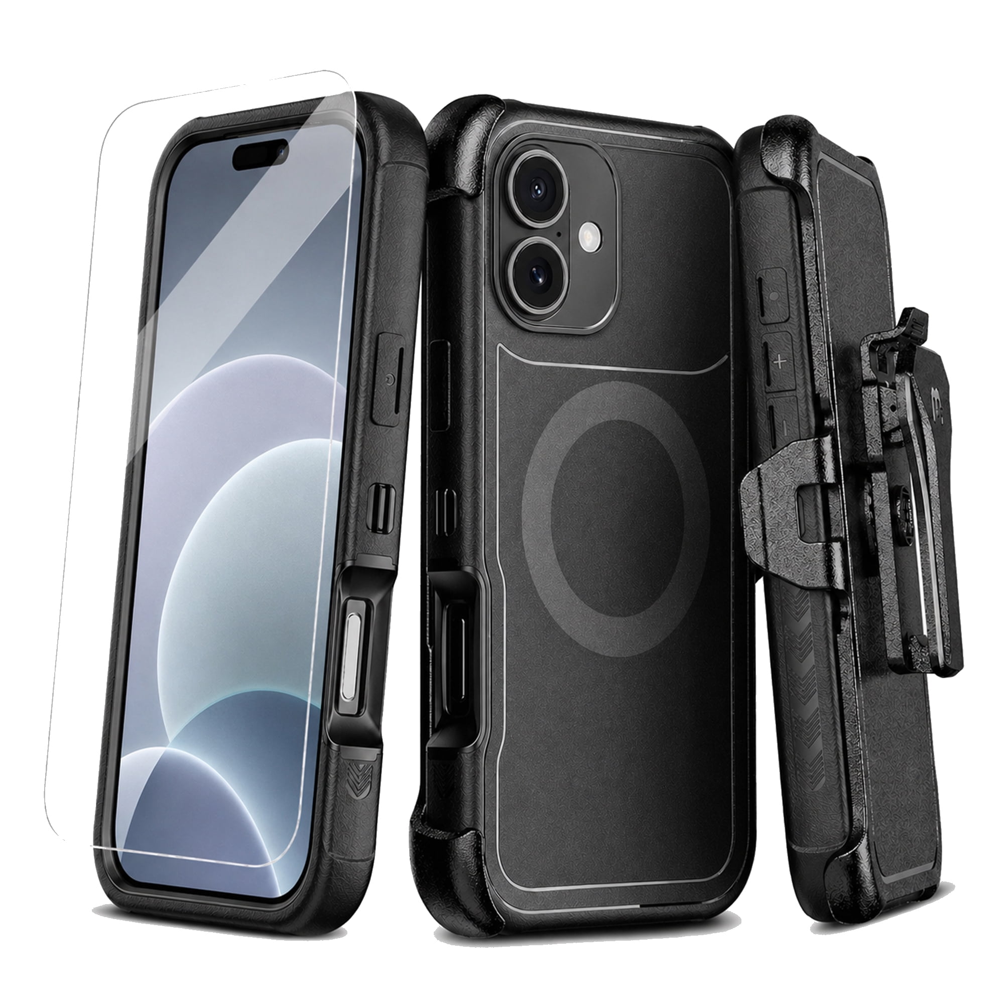 Hybrid Rugged Case with Detachable Belt Clip Holster and Tempered Glass Screen Protector, Magnetic Charging-Compatible, Black, Compatible with iPhone 16