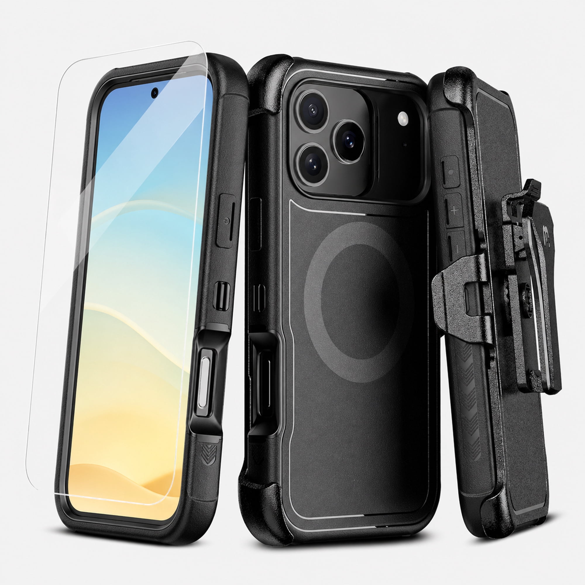 Hybrid Rugged Case with Detachable Belt Clip Holster and Tempered Glass Screen Protector, Magnetic Charging-Compatible, Black, Compatible with iPhone 17 Pro