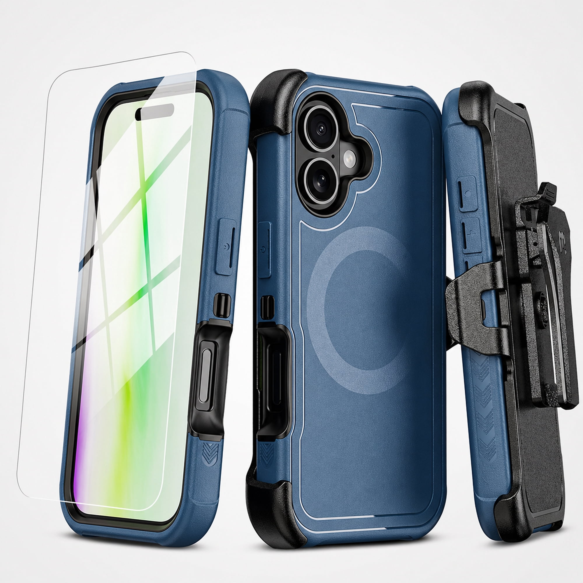 Hybrid Rugged Case with Detachable Belt Clip Holster and Tempered Glass Screen Protector, Magnetic Charging-Compatible, Blue, Compatible with iPhone 17