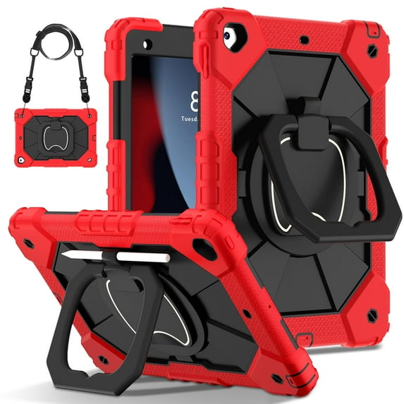 Hybrid Shockproof 360 Rotating Stand With Hand Strap and Shoulder Strap Kids Case for iPad 10.2" 2021/2020/2019 9th / 8th / 7th Case(No Screen Protector),Red&Black