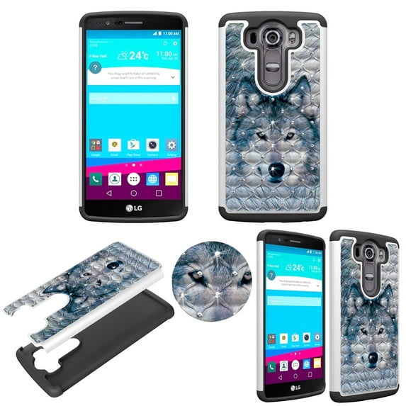 Hybrid Snow Wolf Crystal Diamond for LG V10 VS990 Ultra Shock Proof Lightweight Case Drop Protective TPU+PC Bling Case Shock Absorb Enhanced Bumper Dual Layer Designer Rhineston Shield