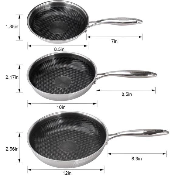 Hybrid Stainless Steel Non Stick Skillet Set 8 10 12 Inch PFOA Cookware Oven Safe Induction Compatible