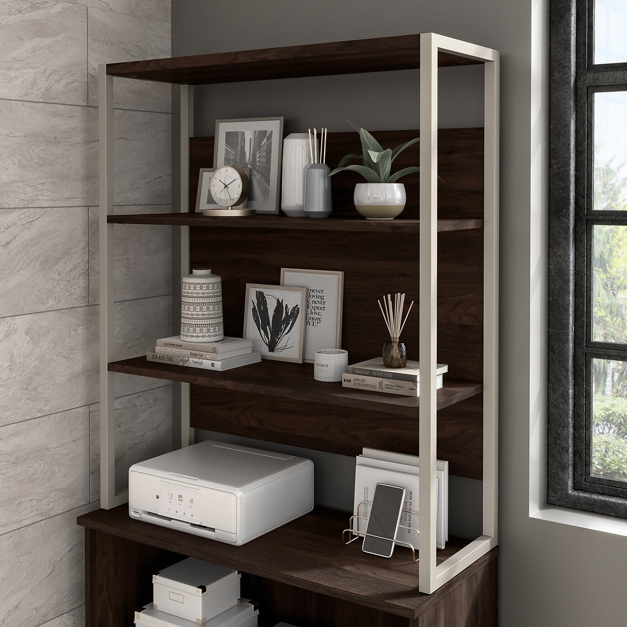 Adjustable Black Walnut Tall Etagere Bookcase with Engineered Wood