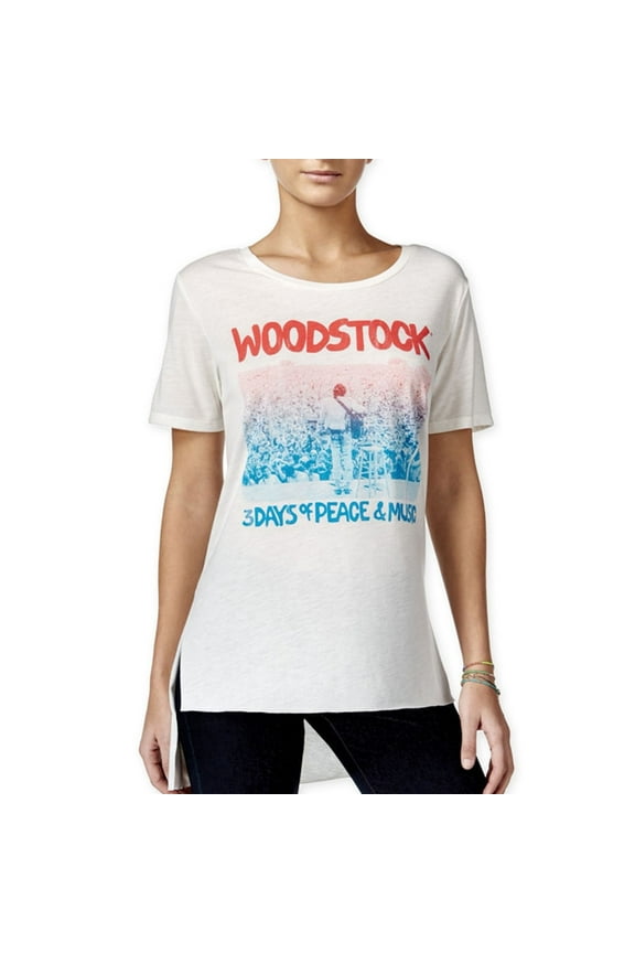 Hybrid Womens Woodtock Hi-Lo Graphic T-Shirt, Off-White, Juniors, X-Small