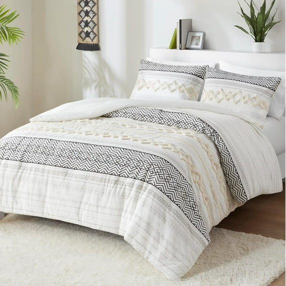 Hyde Lane Farmhouse Bedding Comforter Sets, Ivory Full/Queen Size Boho Bed Set,Cotton Top with Modern Neutral Style Clipped Jacquard Stripes, 3-Pieces Including Pillow Shams (90x90 Inches)