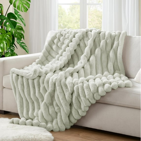 Hyde Lane Ultra Soft Faux Rabbit Fur Striped Throw Blanket - Luxury Plush Blanket for Couch, Bed, Living Room Decor, Thick & Warm - 750GSM (Sage Green, 60"x80")