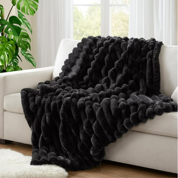 Hyde Lane Ultra Soft Faux Rabbit Fur Striped Throw Blanket - Luxury Plush Blanket for Couch, Bed, Living Room Decor, Thick & Warm - 750GSM (Black, 60"x80")