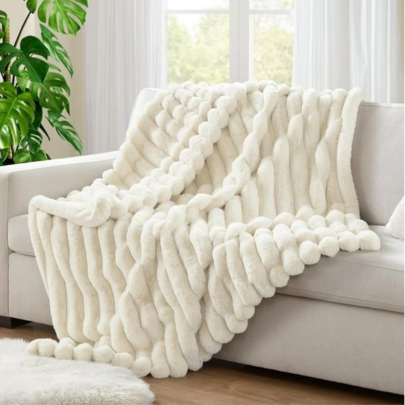Hyde Lane Ultra Soft Faux Rabbit Fur Throw Blanket, Warm Plush Striped Blankets Twin Size – Luxury Home Decor, Fluffy Throws for Couch, Chair, Sofa, 750GSM (Cream, 60"x80")