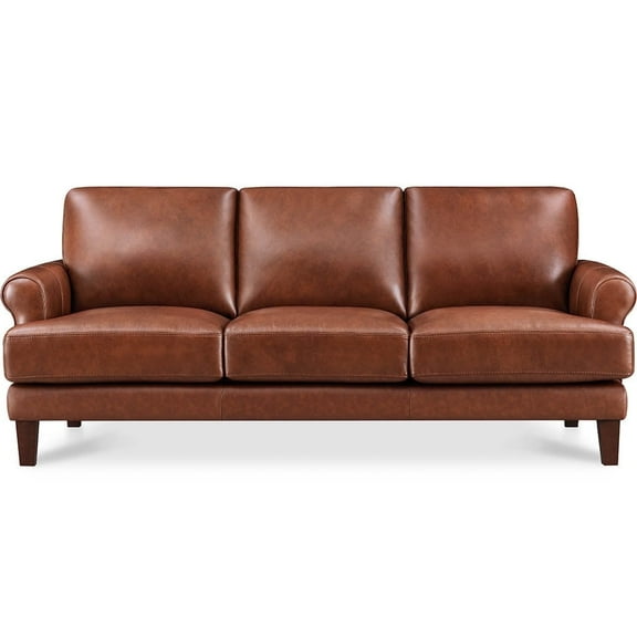 Hydeline Dawn Top Grain Leather Sofa, 3-Seater, Brandy Brown with Tapered Legs. Feather down, Memory Foam and Springs Seating