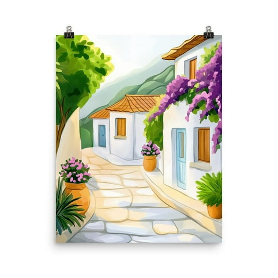 Hydra Greece Print, Mediterranean Streetscape Wall Art, Greek Island Decor, Aegean Travel Poster, Village Artwork Home Decor #4116, Stretched Canvas Size 12x18
