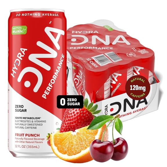 HydraDNA - Fruit Punch PERFORMANCE Drink, Zero Sugar | for Natural Fuel, Alertness, Boost, Stamina, 120 mg Organic Caffeine, Natural Flavors, Clean Ingredients (12 pack)