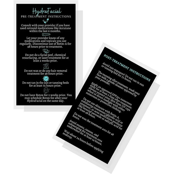 HydraFacial Pre & Post Treatment Care Instruction Cards  50 Pack  Size 2x3.5 inches Business Card Size  HydraFacial Professionals Esthetician  Black with Aqua Design