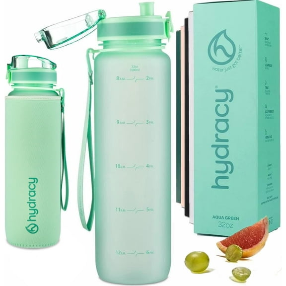 Hydracy 32 oz Sports Water Bottle with Time Marker - Leakproof Gym Bottle with Chug Lid & Fruit Infusion Strainer - Reusable BPA-Free Bottle with No Sweat Sleeve