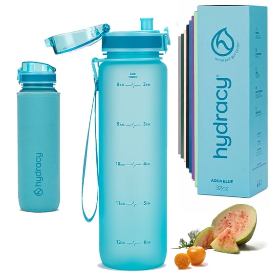 Hydracy 32 oz Sports Water Bottle with Time Marker - Leakproof Gym Bottle with Chug Lid & Fruit Infusion Strainer - Reusable BPA-Free Bottle with No Sweat Sleeve