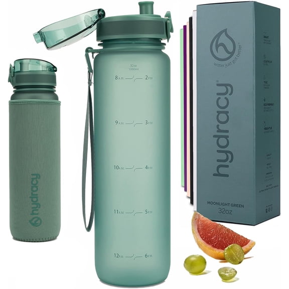 Hydracy Water Bottle with Time Marker -Large BPA Free Water Bottle & No Sweat Sleeve -Leak Proof Gym Bottle with Fruit Infuser Strainer & Times to Drink -Ideal for Fitness Sports & Outdoors