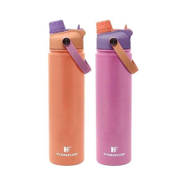 Hydraflow 25-oz. Double Wall Stainless Steel Water Bottle with Dual Lid, 2 Pack, Peach/Pink