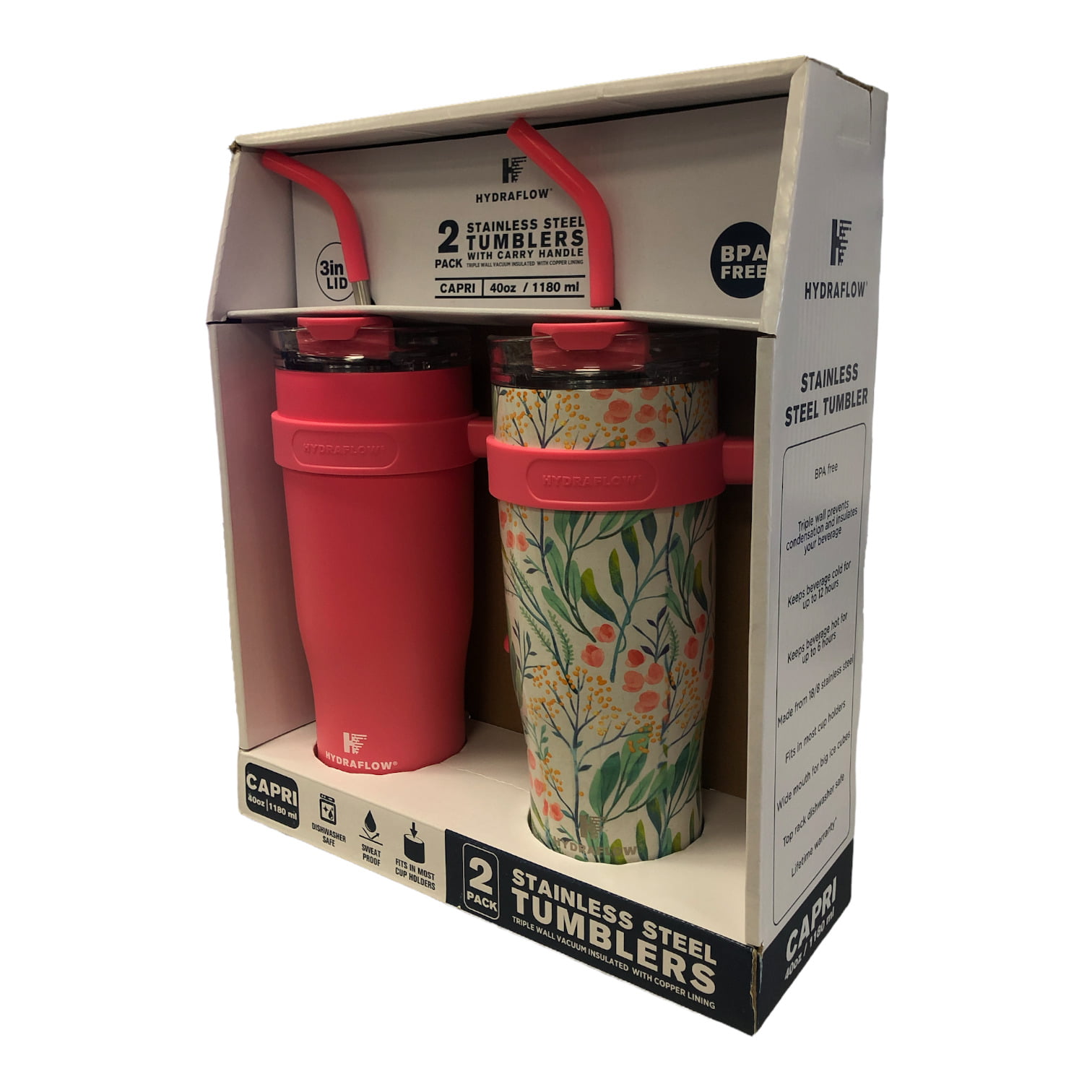 Hydraflow Stainless Steel Tumblers with Carry Handle 40 oz 2 pack