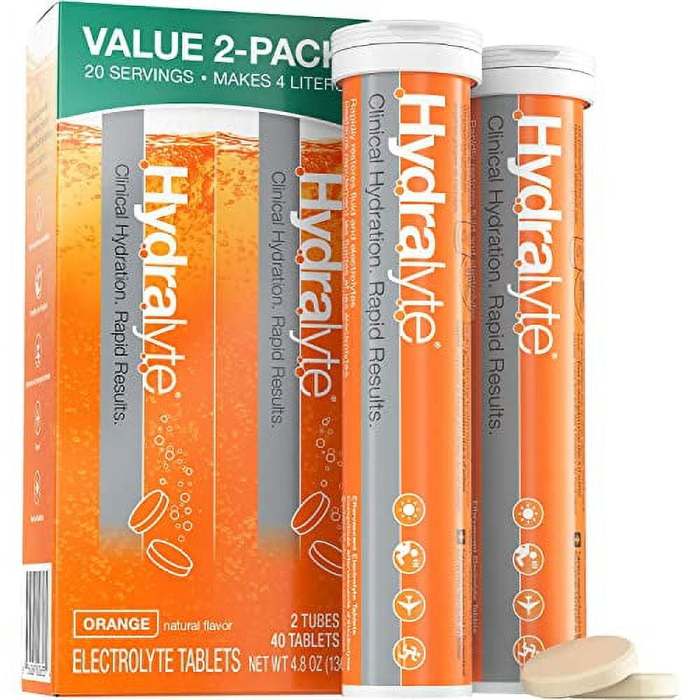 Hydralyte Electrolyte Drink Tablets Effervescent Hydration Tablets Workout, Cold and Flu, and Late Night Recovery Portable On-The-Go Clinical Hydration ORS Orange, Twin Pack 40 Tablets