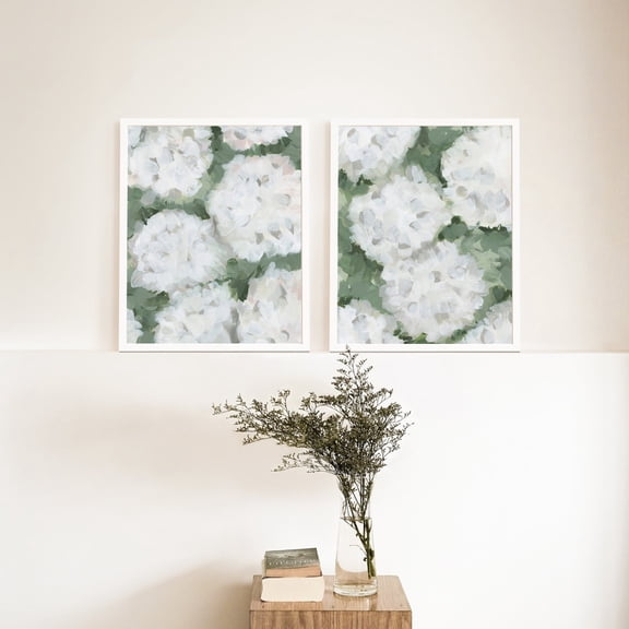 Hydrangea Art Set, Floral Farmhouse Decor in Green for Countryside Flower Diptych, "August Hydrangeas", Art Prints, Set 2, Poster Only