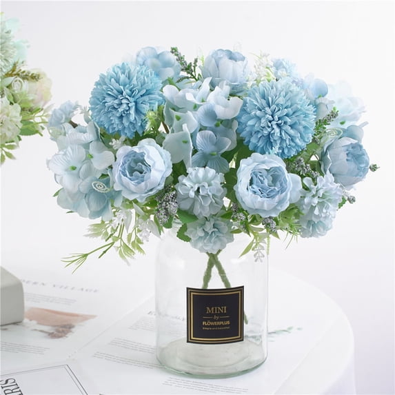 Hydrangea Artificial Flowers, Fake Peony Silk Hydrangea Bouquet Decor Plastic Flower Arrangements Wedding Decoration Table Centerpieces(Blue)