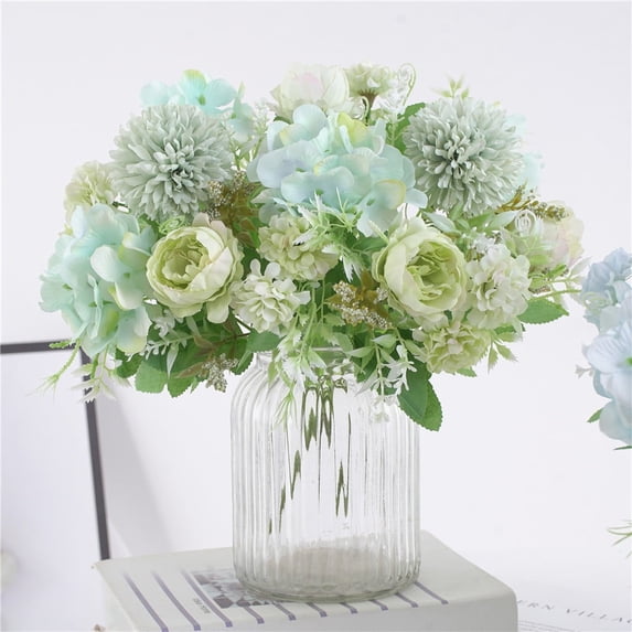 Hydrangea Artificial Flowers, Fake Peony Silk Hydrangea Bouquet Decor Plastic Flower Arrangements Wedding Decoration Table Centerpieces(Green)