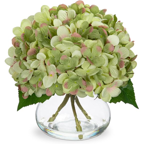 Hydrangea Artificial Flowers with Glass Vase Dark Green Silk Faux Flowers Arrangements in Vase with Faux Water Fake Floral Bulk Bouquet for Home Decor Table Centerpiece Decorations