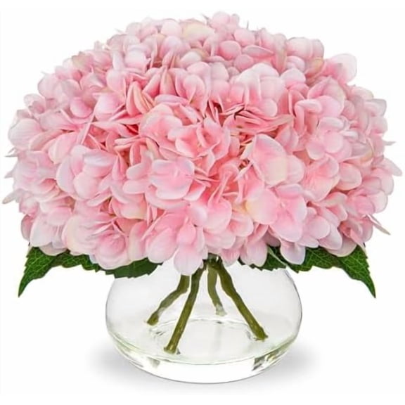 Hydrangea Artificial Flowers with Glass Vase Pink Silk Faux Flowers Arrangements with Clear Faux Water Fake Floral Bulk Bouquet for Home Decor Table Centerpiece Decorations