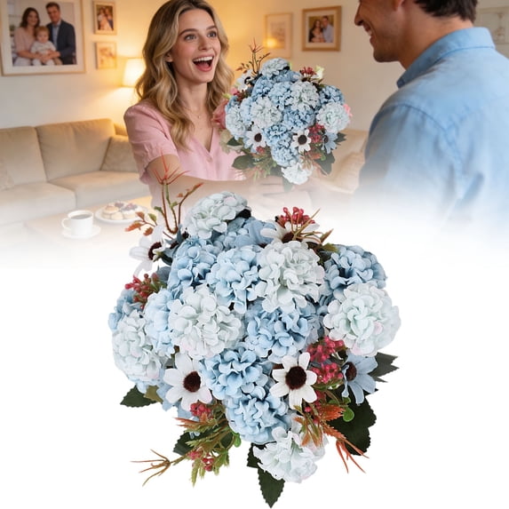 Hydrangea Artificial Flowers, Large Realistic Long Stem Faux Hydrangea Bouquets Flowers Arrangements for Home Office Wedding Centerpieces DIY Decor, Blue
