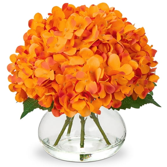 Hydrangea Artificial Flowers in Vase Orange Silk Fake Flowers Arrangements with Glass Vase with Faux Water Faux Floral Bulk Bouquet for Home Office Wedding Table Centerpiece Decoration