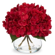 Briful Hydrangea Artificial Flowers in Glass Vase for Wedding & Home Decor,  Red Silk Floral Arrangement Table Centerpiece
