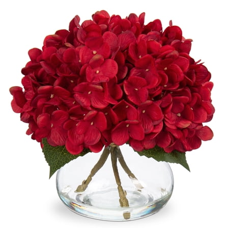 Hydrangea Artificial Flowers in Vase Red Silk Fake Flowers Arrangements with Glass Vase with Faux Water Faux Floral Bulk Bouquet for Home Office Wedding Table Centerpiece Decoration