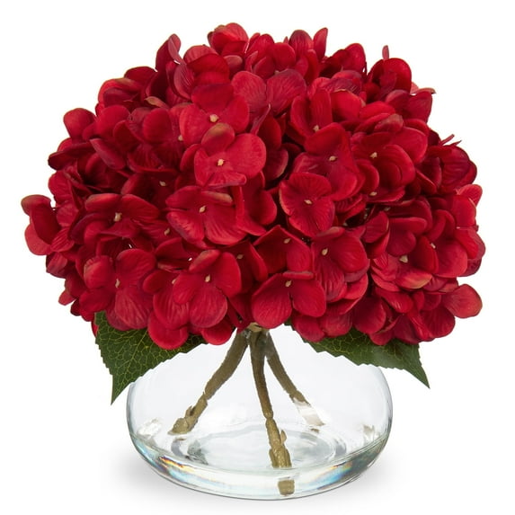 Hydrangea Artificial Flowers in Vase Red Silk Fake Flowers Arrangements with Glass Vase with Faux Water Faux Floral Bulk Bouquet for Home Office Wedding Table Centerpiece Decoration