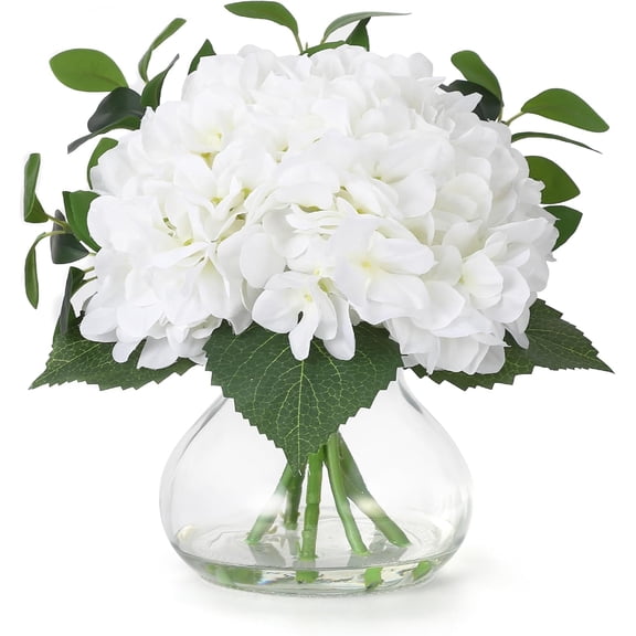 Hydrangea Artificial Flowers in Vase, Silk Faux Hydrangea Fake Flower Arrangements with Glass Vase and Faux Water for Home Decor Wedding Bouquets Table Centerpieces, White