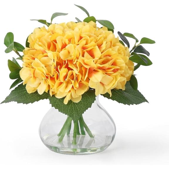 Hydrangea Artificial Flowers in Vase, Silk Faux Hydrangea Fake Flower Arrangements with Glass Vase and Faux Water for Home Decor Wedding Bouquets Table Centerpieces, Yellow