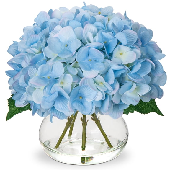 Hydrangea Artificial Flowers with Vase White Silk Fake Flowers Arrangements in Glass Vase for Home Bathroom Office Table Centerpiece Shelf Decorations