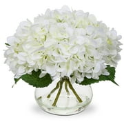 Hydrangea Artificial Flowers with Vase White Silk Fake Flowers Arrangements in Glass Vase with Faux Water Wedding Party Home Decor Table Centerpiece