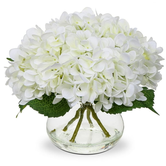 Hydrangea Artificial Flowers with Vase White Silk Fake Flowers Arrangements in Glass Vase with Faux Water Wedding Party Home Decor Table Centerpiece