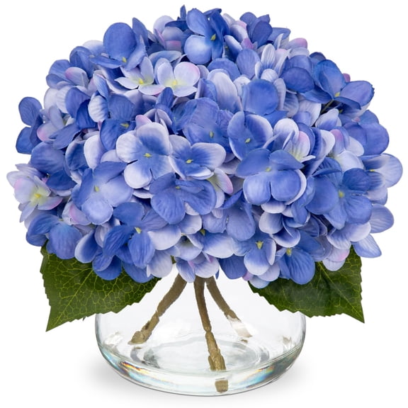 Hydrangea Artificial Flowers with Vase White Silk Fake Flowers Arrangements in Glass Vase with Faux Water