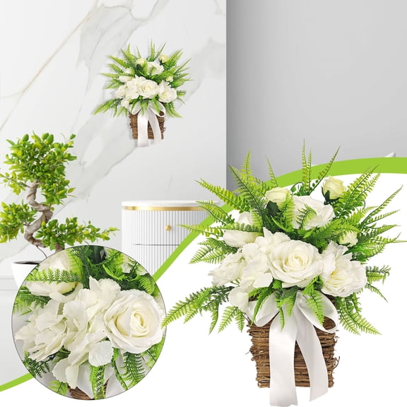 Hydrangea Berry Succulents Plant Ranunculus Wedding Bouquet for Planter Large Indoor Outside Patio Planter Porch Window Home Decor (with Rose Fern)