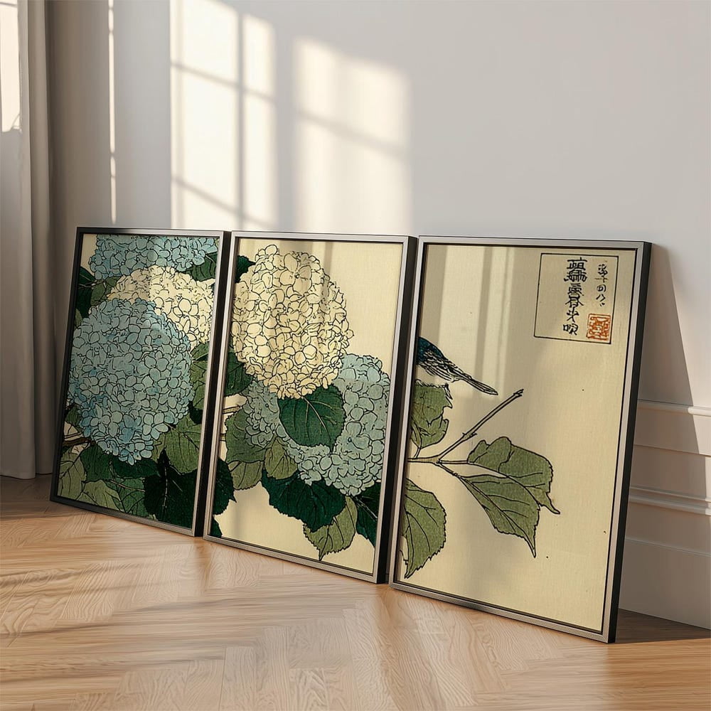 Hydrangea Bird Poster Japanese Wall Art Set 3 Unframed Paper Print ...