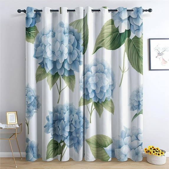 Hydrangea Blackout Curtains, Blue Floral Window Curtains & Bedroom Decor Green Leaf Botanical Flower Curtains For Living Room, Thermal Grommet Drapes38"W x 54"L (Pack of 2)