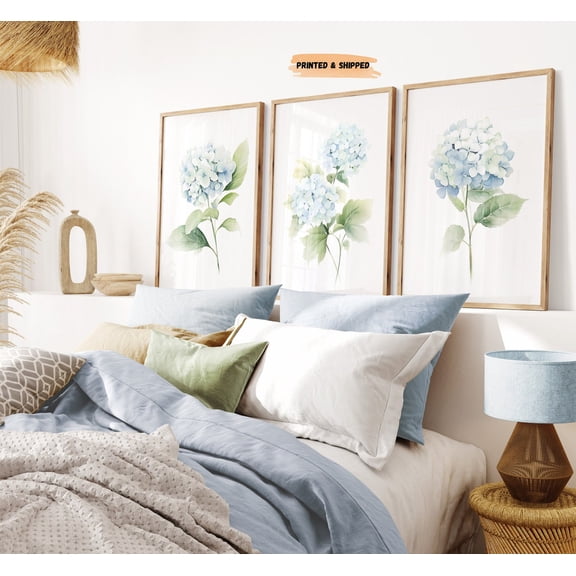 Hydrangea Botanical Wall Art Blue Green Set 3 Unframed Paper Print 8x12