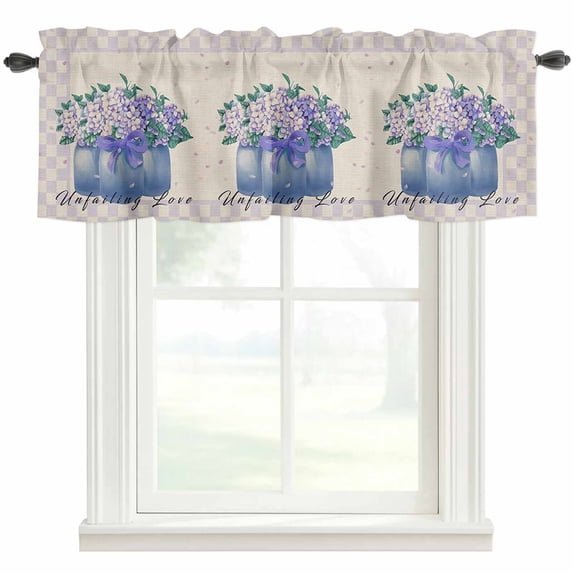Hydrangea with Bottle Window Valance Curtain Floral Purple Buffalo Check Rod Pocket Short Curtain for Living Room, Bedroom & Kitchen Window Decor 42x18in